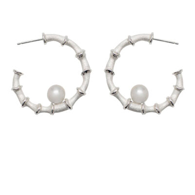 Bamboo Hoop Earrings - Large Silver