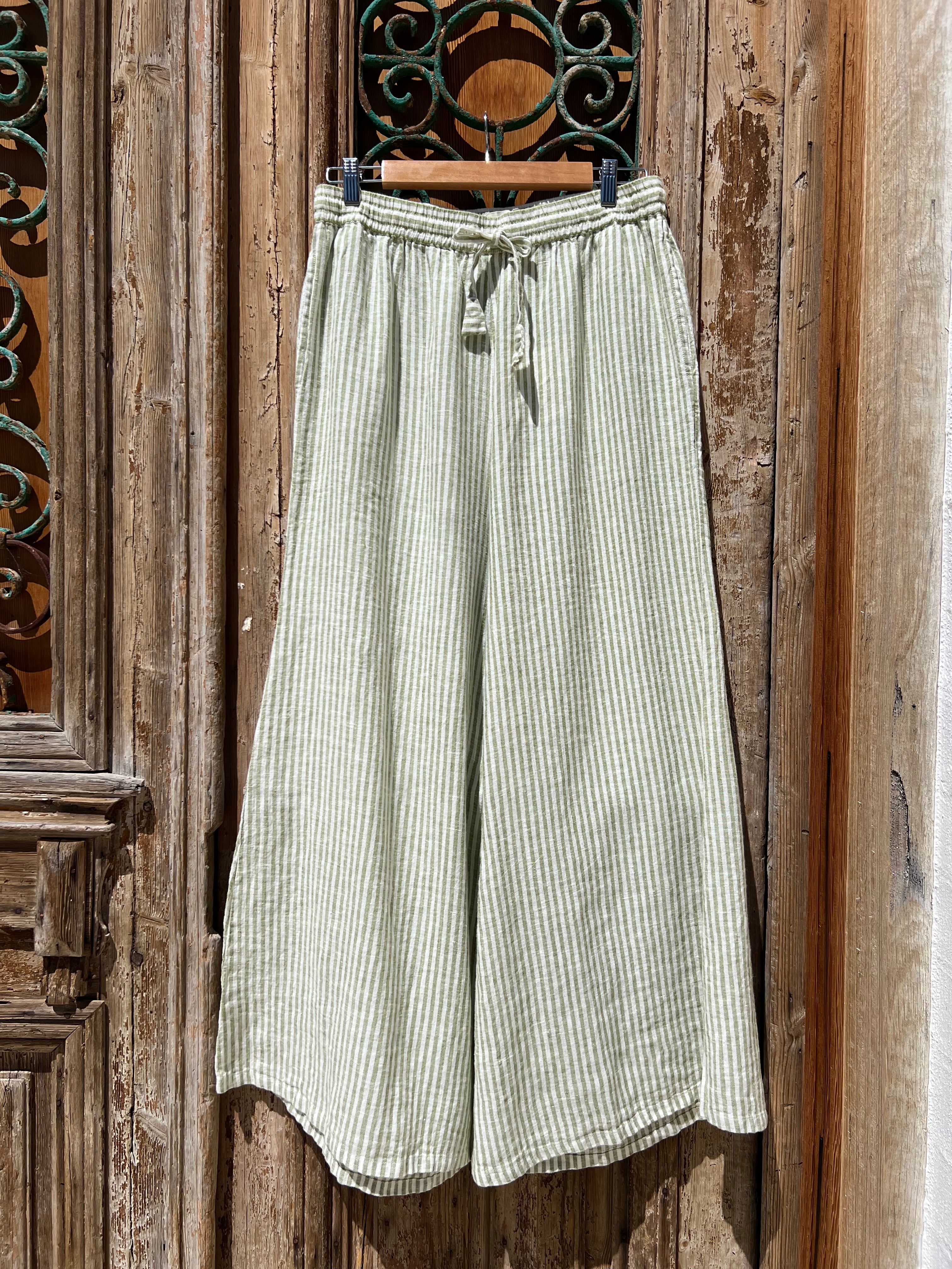 Alghero Pants - Moss Green Stripe Linen