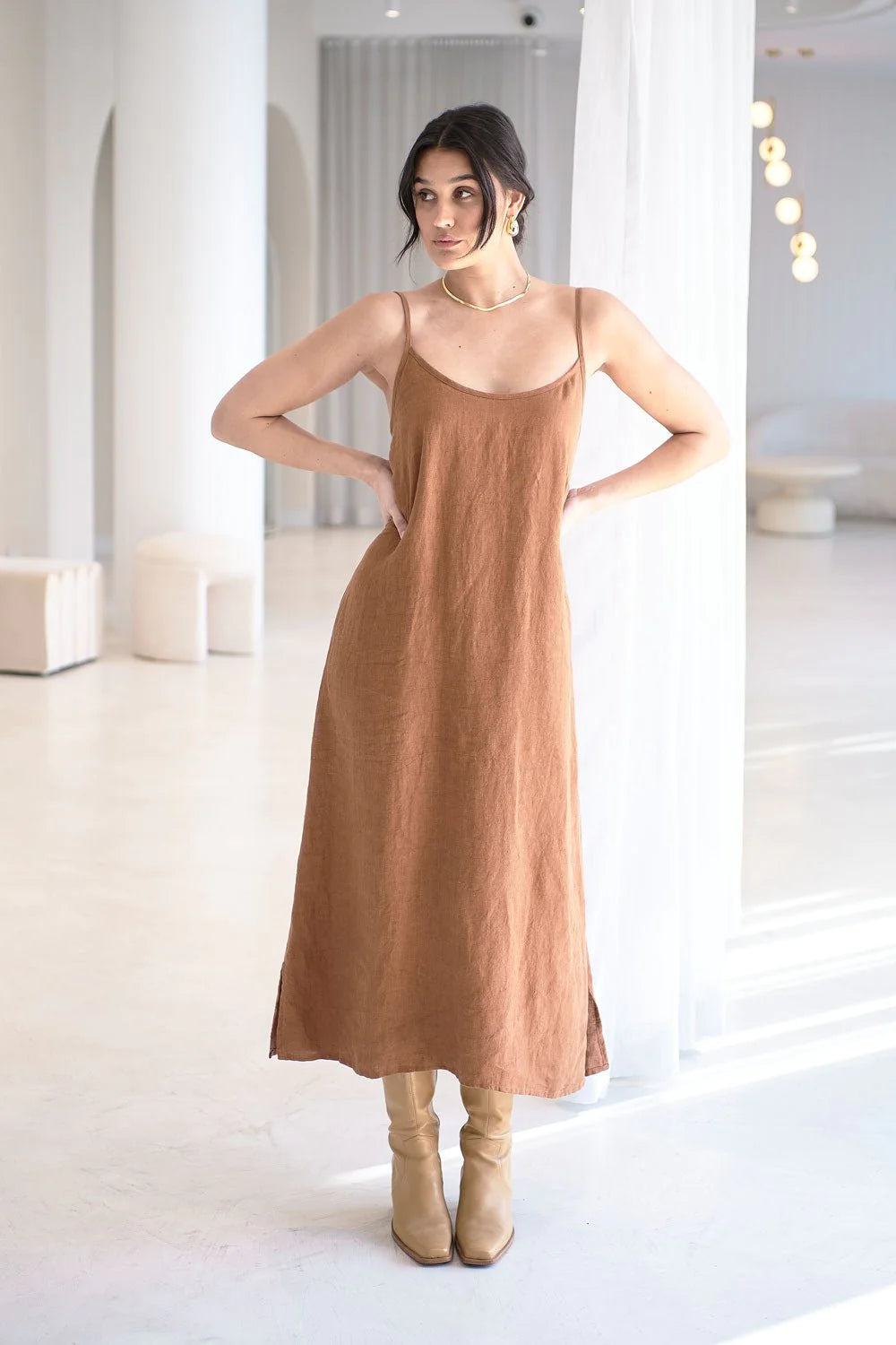 Midi Linen Slip Dress - Nutmeg