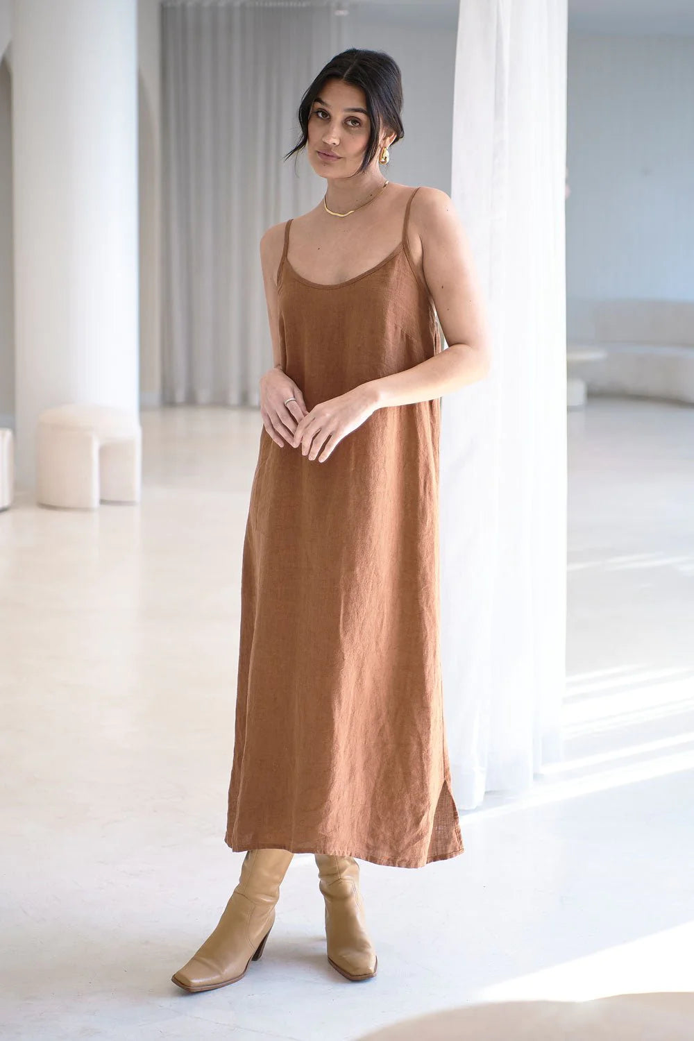 Midi Linen Slip Dress - Nutmeg